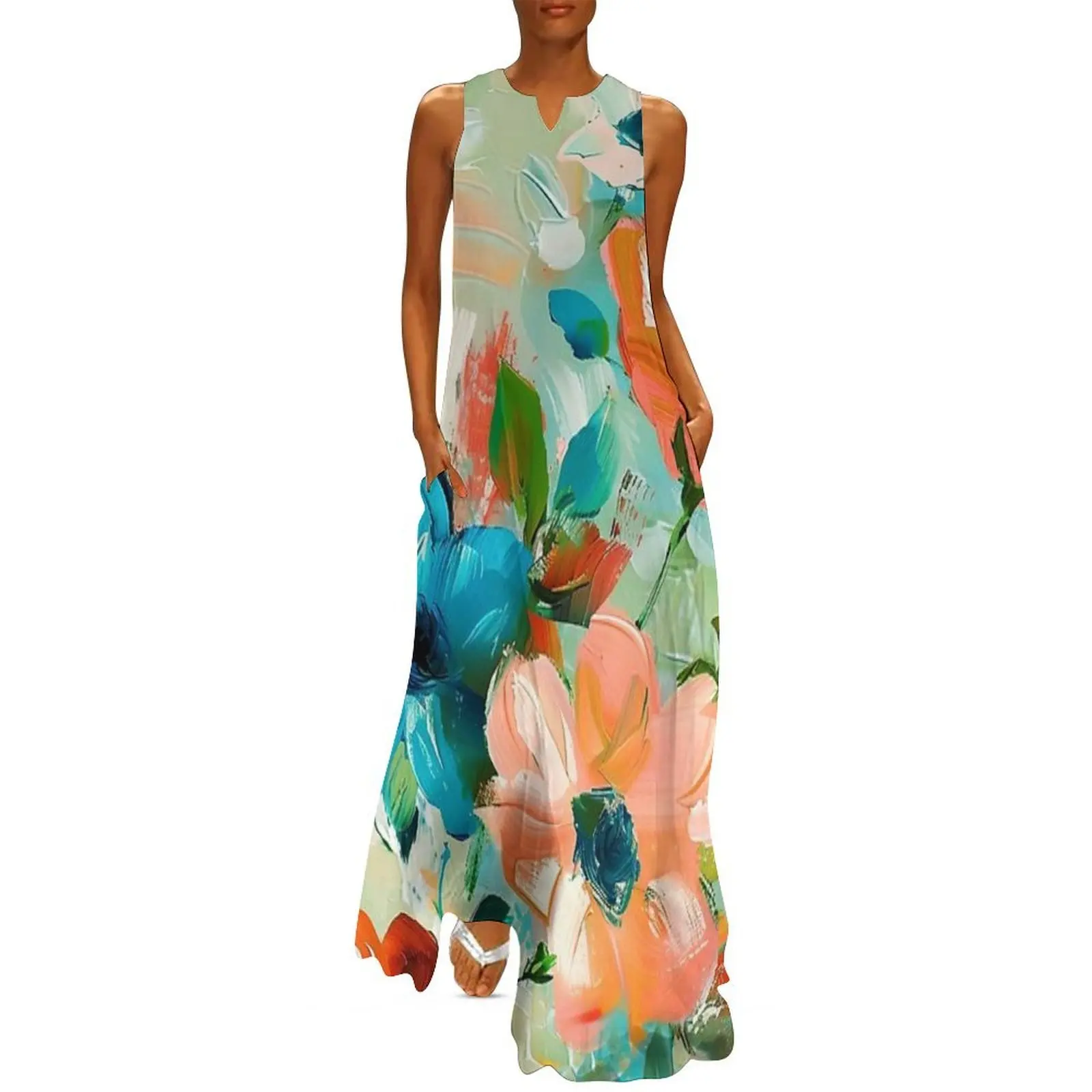 

Impressionist Floral Abstract In Blue And Papaya-Orange Long Dress wedding guest dress 2025 elegant dresses for women