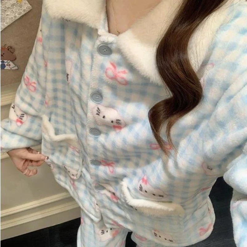

Фланелевый пижамный комплект Sanrio Hello Kitty для женщин, в корейском стиле, в клетку, с мультяшным рисунком, милый, осенне-зимний, повседневный, толстый, теплый, домашняя одежда, одежда для отдыха