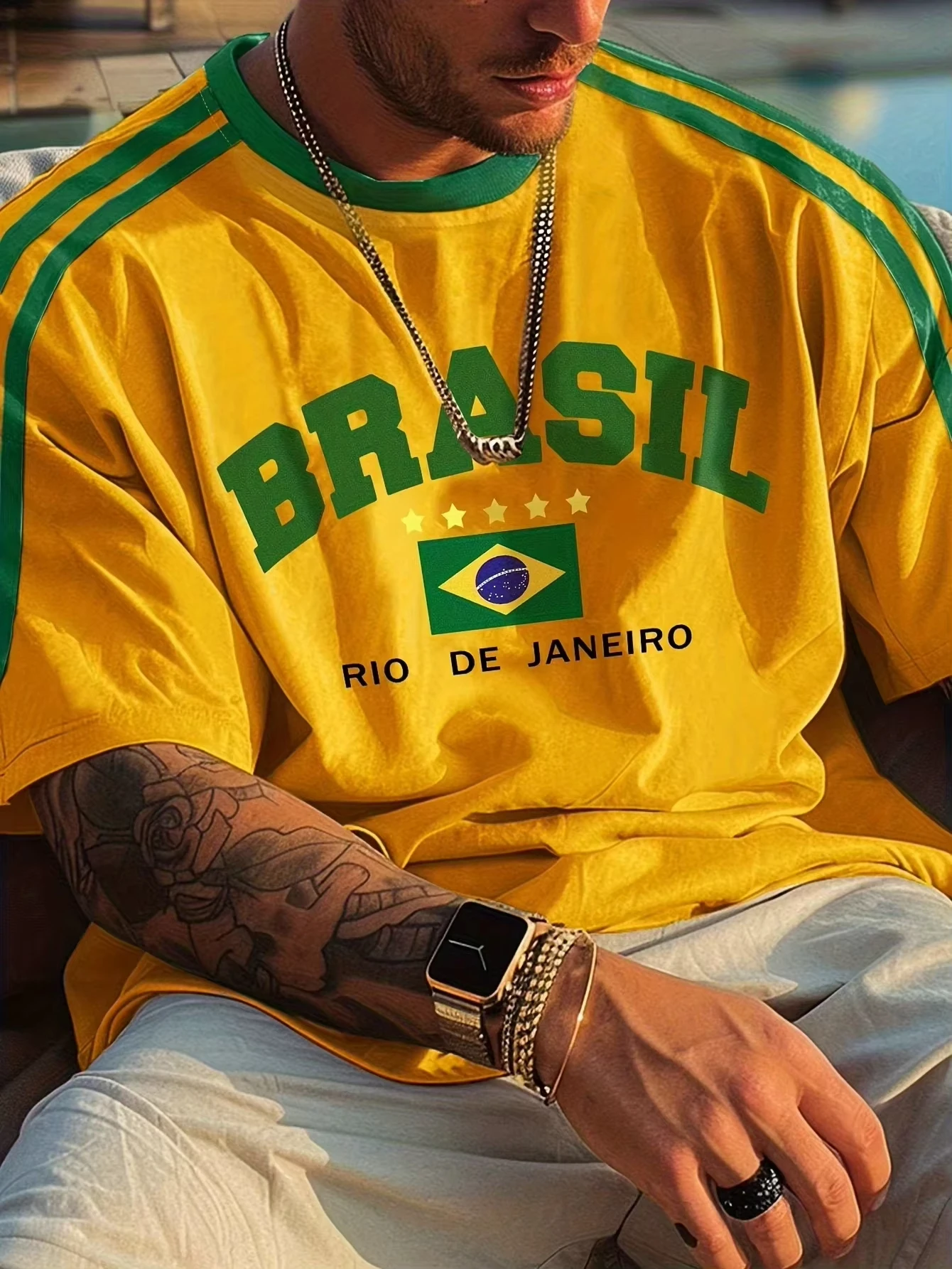 Camiseta con estampado de Brasil de cinco estrellas para hombre, camisetas de manga corta con cuello redondo, Jersey de malla deportivo informal Vintage, Tops de gran tamaño 2025, novedad de verano