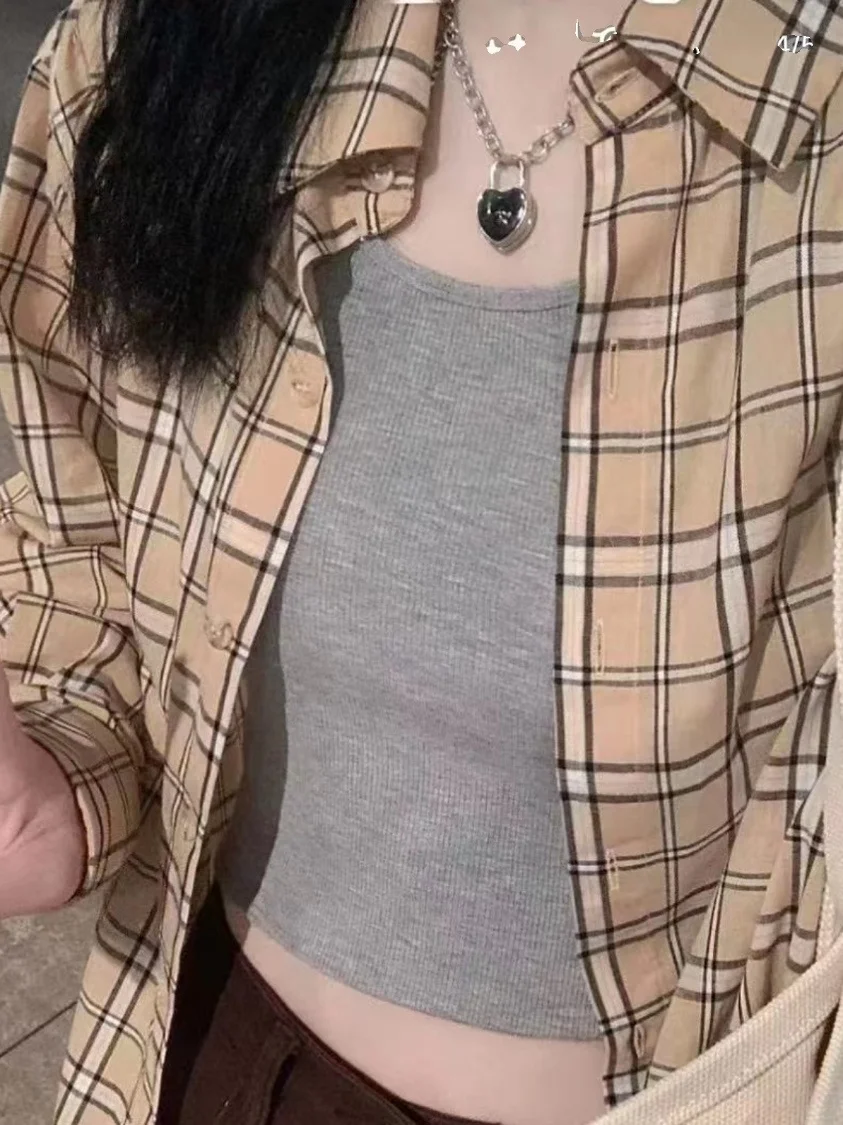 

Ladies' Plaid Loose Fit Long Sleeve Shirt Spring Summer Thin Design Sense Trendy Sun Protection Open Cardigan Coat