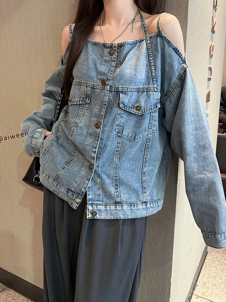 Korean style Vintage Off Shoulder Denim Coat Women Spring Single Breasted Long Sleeves Jacket All-matched Female Tops