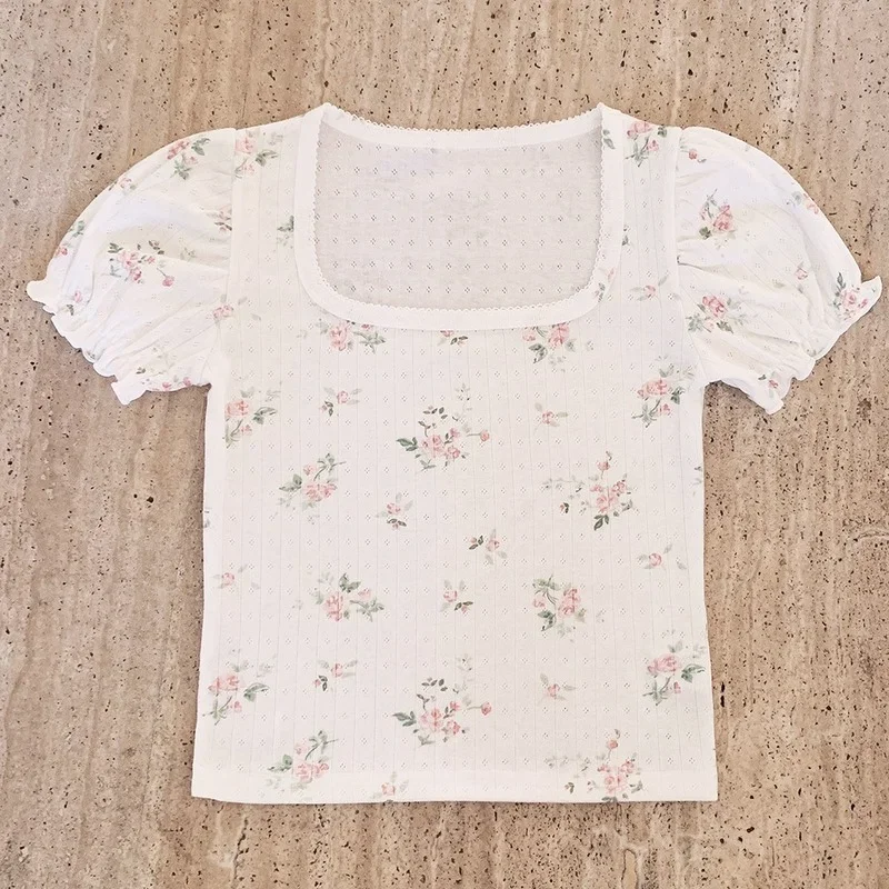 White Floral T-Shirt for Sweet Girl Square Collar Puff Sleeve Rose Print Slim Cotton TShirt Women Summer Tops Kawaii Clothes