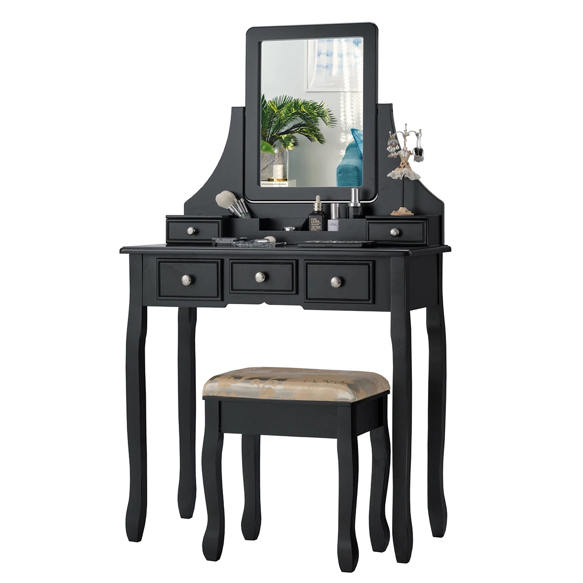 

Vanity Set W/5 Drawers &Removable Box Makeup Dressing Table and Stool Set Black