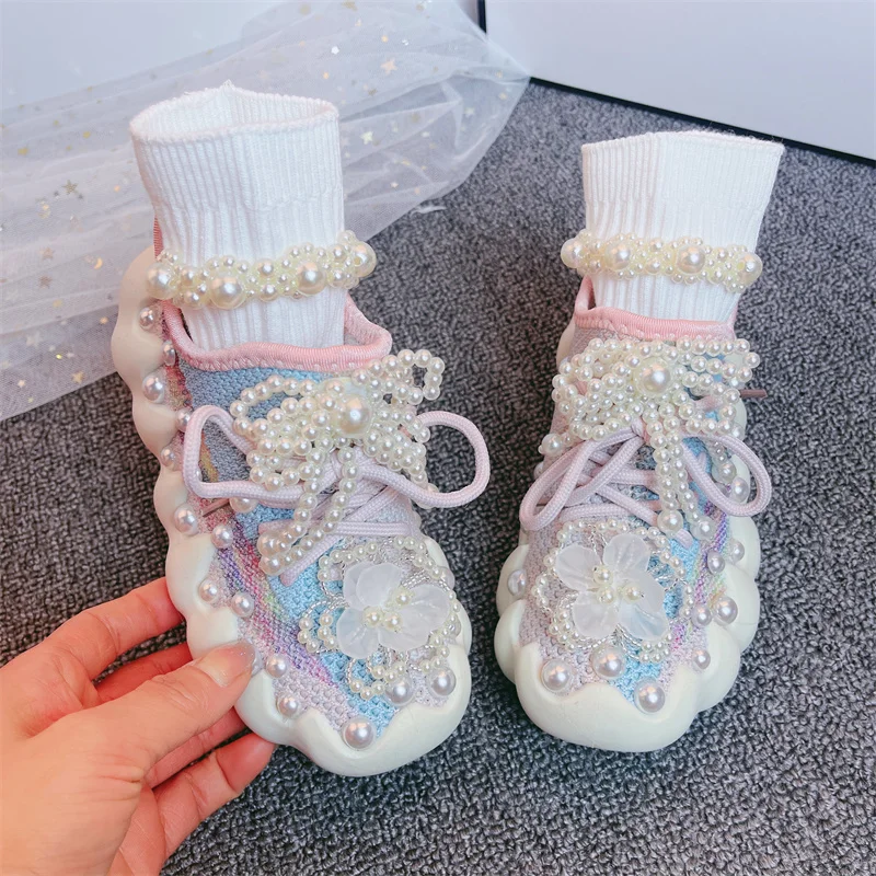 Girls Sneakers 2023 Spring Kids Fashion Brand Sock Shoes Children Running Sports Shoes Breathable Rhinestone Pearl Soft Sole