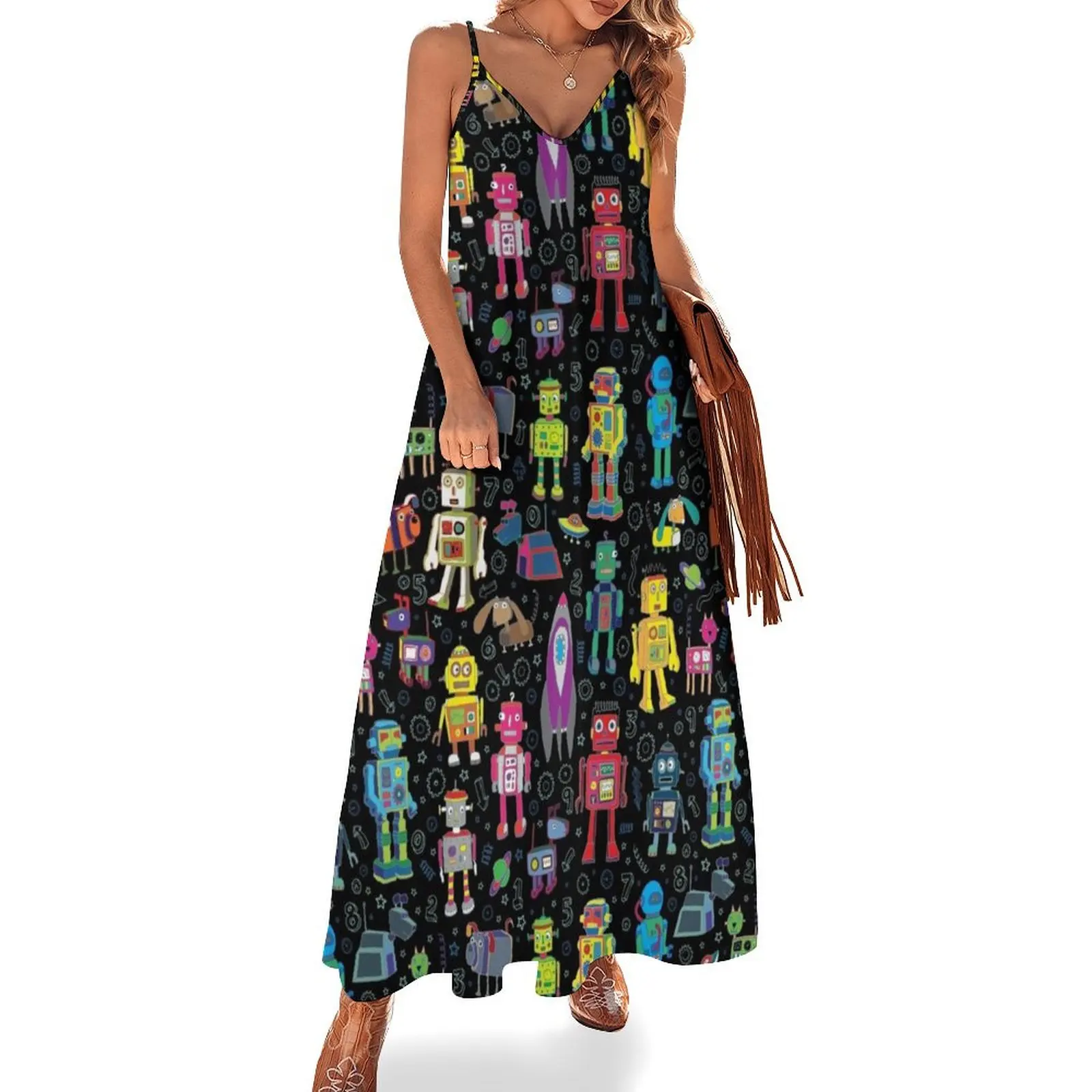 

Robots in Space - black - fun pattern by Cecca Designs Sleeveless Long Dress dress women summer Dress