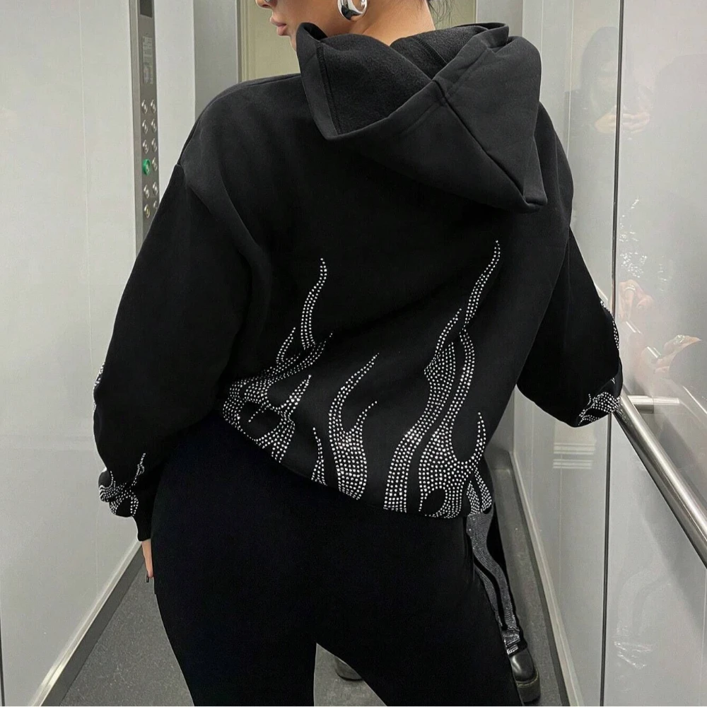 الخريف والشتاء جديد Y2g الشارع الاتجاه لهب حجر الراين فضفاض البريدي مقنعين سترة زوجين معطف للنساء #5