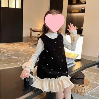 Baby Girls Dress Fashion Hand Beading Pearl Velvet Spliced Lace Sleeveless 2024 Winter New Korean Style Kids Princess Dress