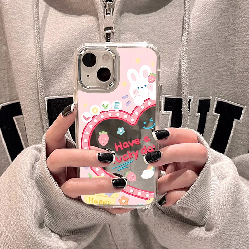 Korean Sweet Love Heart Phone Case For iPhone 13 Case iPhone 11 12 14 15 Pro Max XR X XS Shockproof Funda Makeup Mirror Cover