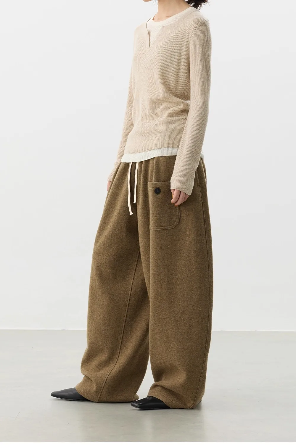 Curved Hem Pants~Wool Elastic Waist Wide-Leg Casual Pants for Women, 2025 Winter Fashionable Thickened Floor-Length Pants