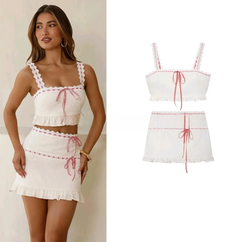 

Summer New Women's Square Collar Sleeveless Lace Splicing Ruffle Banded Top Short Half Skirt Two Piece Set Fashionable Ensemble