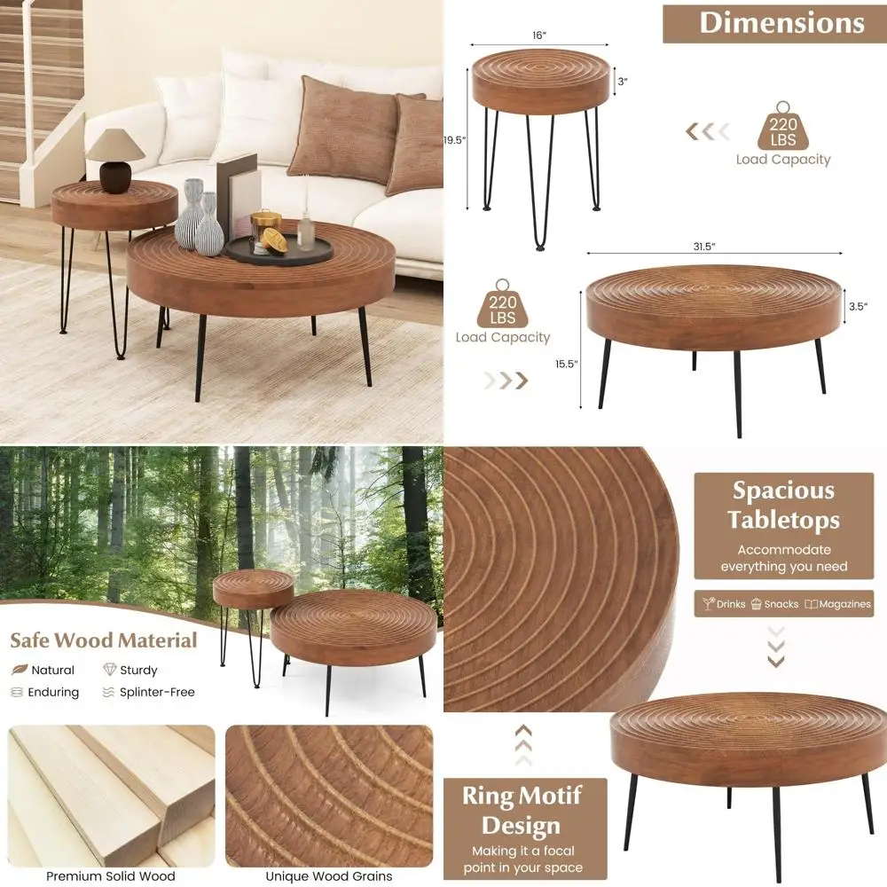

Boho Style Round Coffee Table Set, 2-Piece Nesting Tables with Solid Pine Tops, Metal Legs and Adjustable Feet