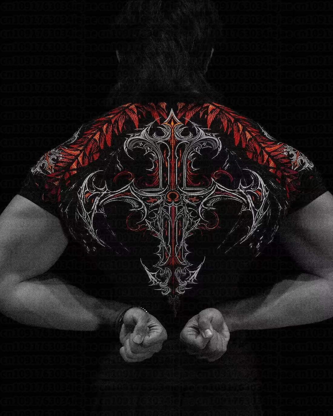 Herren Kinder Schnelltrocknendes Kompressions-T-Shirt mit Gothischem Roten Kreuz Flügel-Rückenaufdruck T-Shirt Bodybuilding Workout Kurzarm Sportshirt Top – Detail 4
