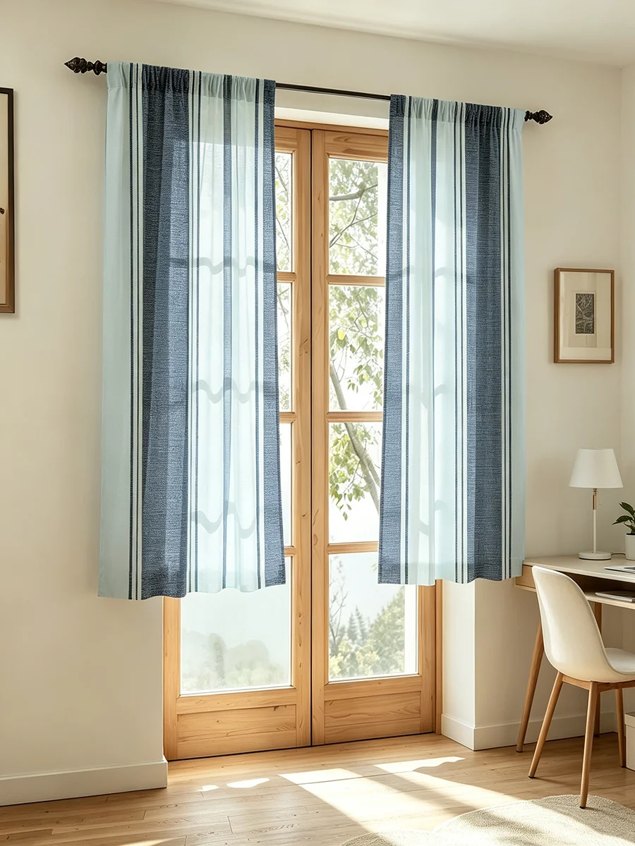 2PCS Digital Print Sheer Curtain,Blue Gray Vertical Stripe Pattern,Minimalist Style For Bedroom Study Decor