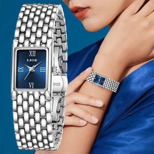 Reloj LIGE plateado para mujer, relojes de pulsera cuadrados de cuarzo para mujer, reloj de oro pequeño de acero inoxidable para mujer, reloj de moda informal de lujo
