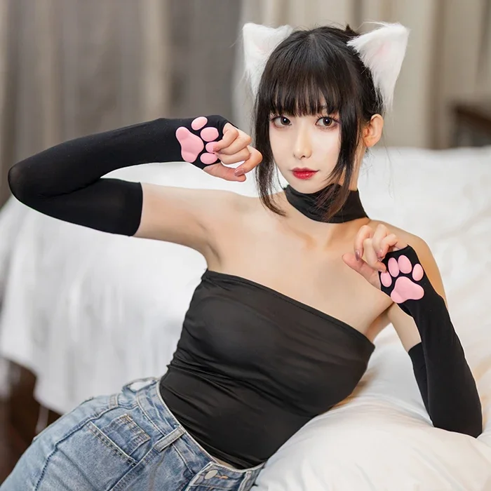 Punk Gothic Gloves Cute Cat Paw Fingerless Mittens Winter Warmer Arm Sleeve Girl Y2K Clothes Women Anime Cosplay Gloves