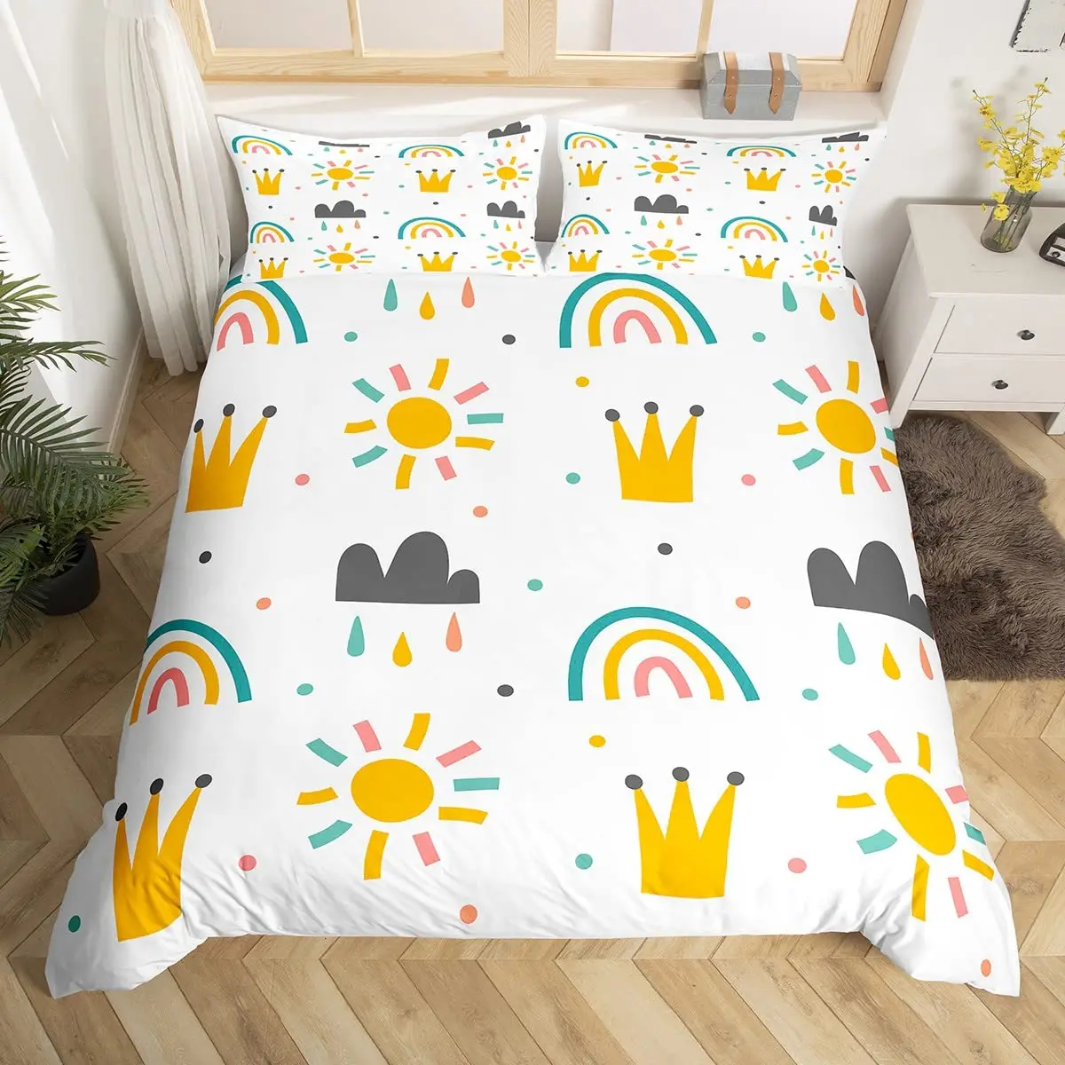 Lovely Rainbow Duvet Cover Sun Crown Cloud Rain Bedding Set Stick Figure Art Comforter Cover Kids Bedroom Polyester Quilt Cover