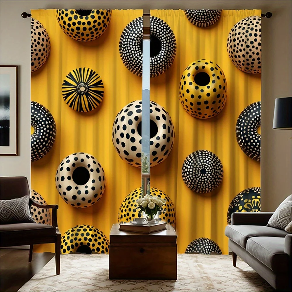 2pcs Vibrant Polka Dot & Floral Print Curtains - Yellow, Black & White Design, Semi-Transparent Polyester Fabric, Rod Pocket for
