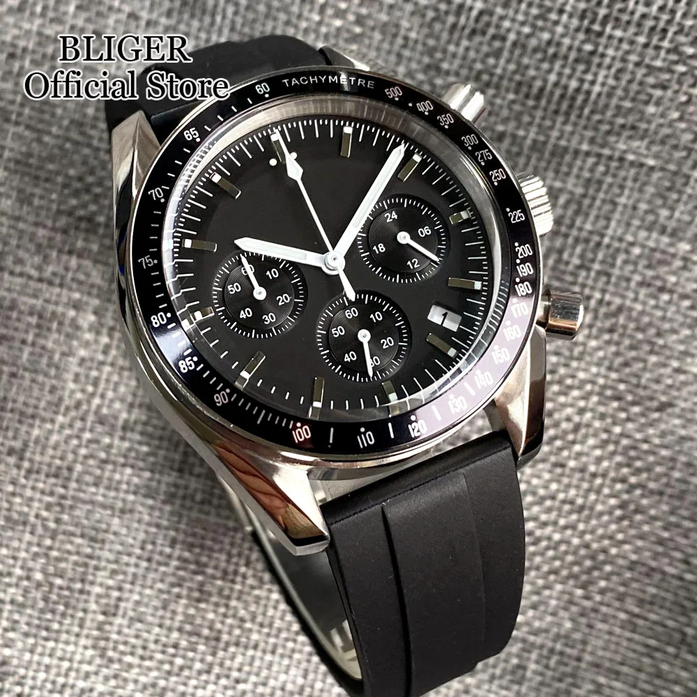 Sport 40mm Chronograph Multifunction Quartz Watch Men VK63 Movement Black White Dial Stainless Steel Strap Montre homme