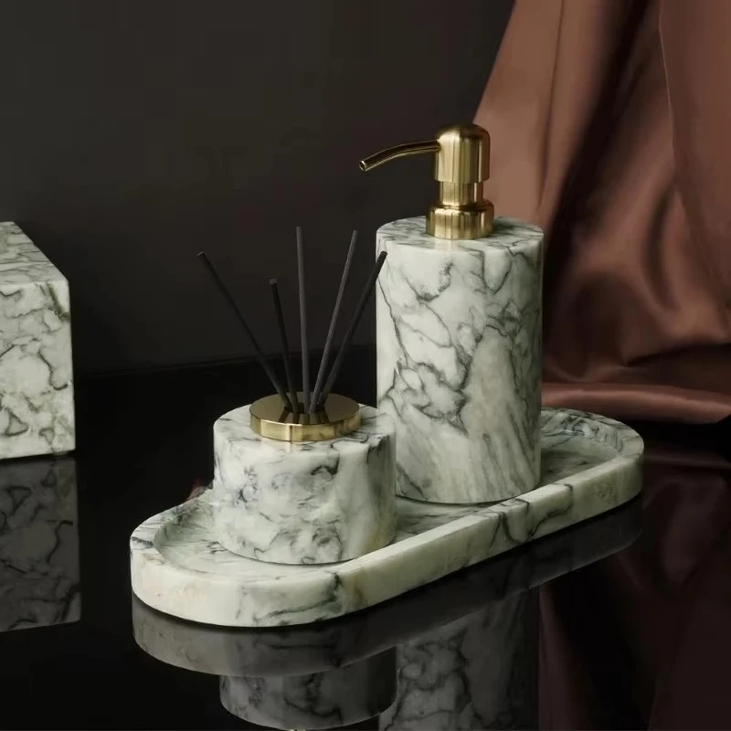 Cold Emerald Natural Marble Bathroom Set Luxury Stone Soap Cotton Swabs Jar Reed Diffuser Vanity Tray Bathroom Accessories Set