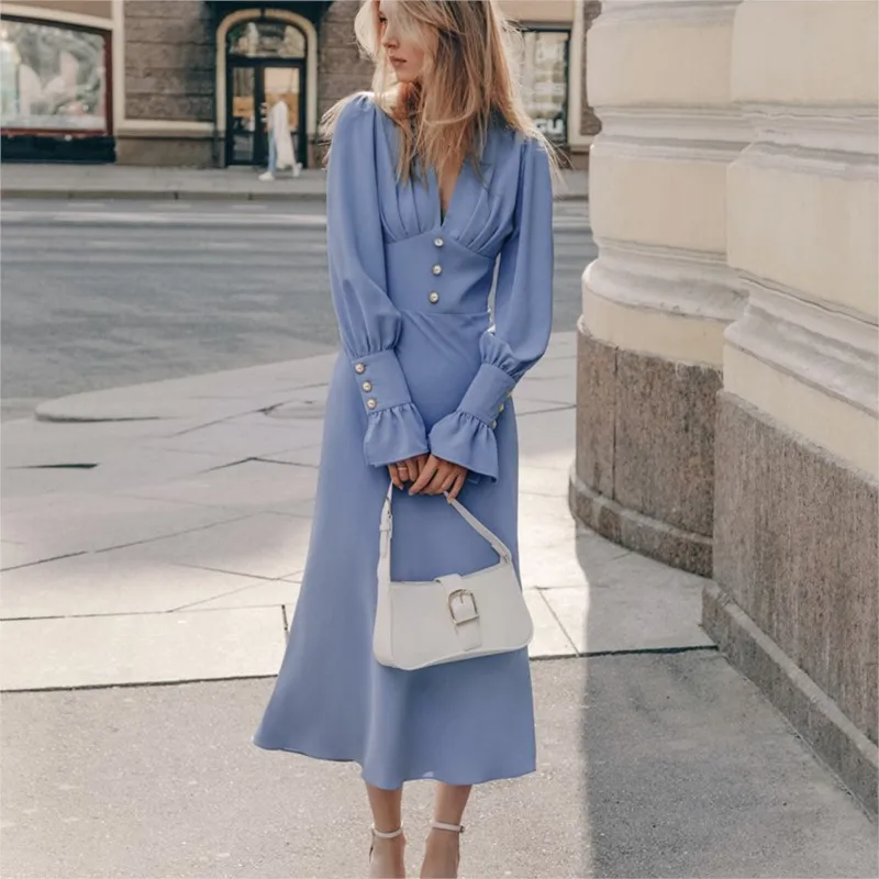

Fashionable Sexy V-neck Dress Autumn Simple Slim Fit A-line Dress button Chiffon Mid Length Frock Vestidos De Fiesta Elegantes