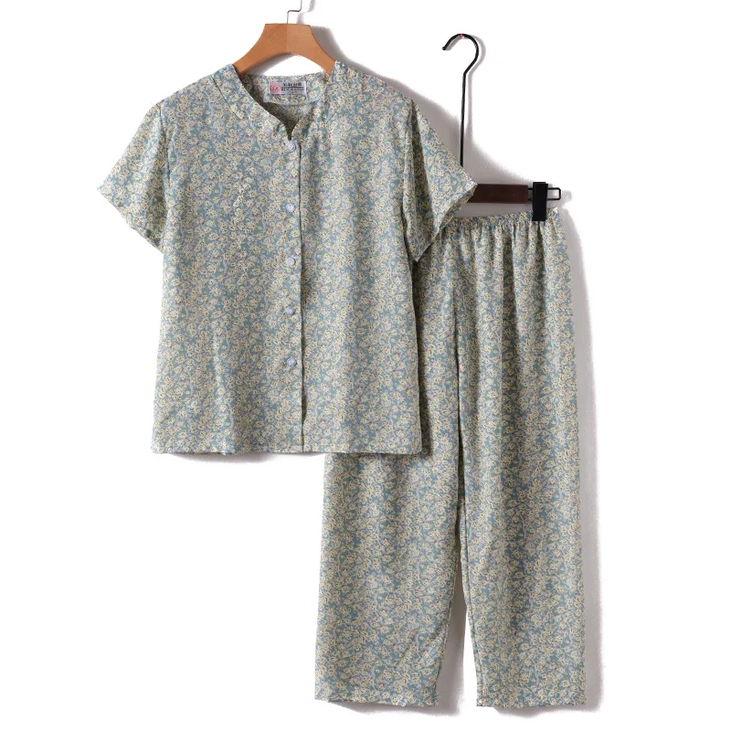 Middle Aged Mother Short Sleeve Sleepwear Suit Floral Pijama Korean Style Two Piece Set Home Wear Calf-length Trousers Sets 3XL