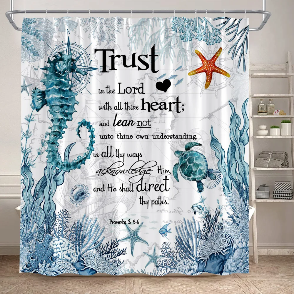 

Seahorse Sea Turtle Nautical Shower Curtains Ocean Animals Starfish Trust in the Lord Bath Curtain Polyester Home Bathroom Decor