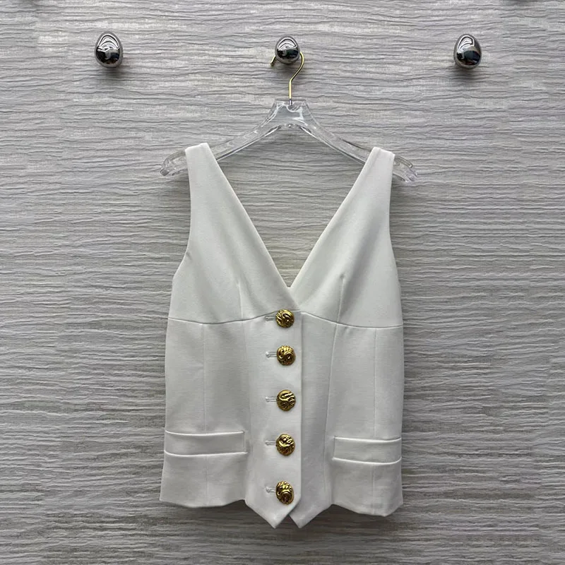 

Женская майка с V-образным вырезом, футболка без рукавов с цепочкой сзади, жилет на одной пуговице, осень, новое поступление, 2025 г.