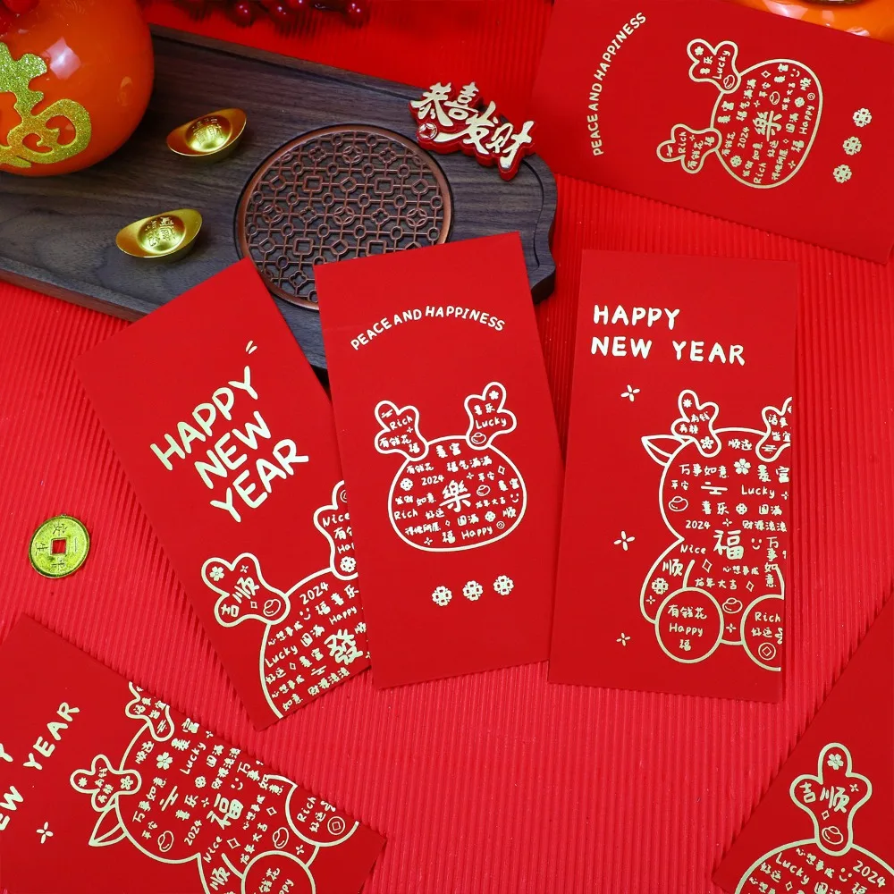 

6pcs Cute Dragon Pattern Chinese Red Envelopes Large Size English Characters Red Packets Thickeness Lucky Money Pockets