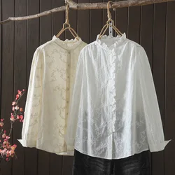 Mori girl style vintage stand collar cotton white beige embroider ruffled shirts Long sleeve blouses autumn women's clothes