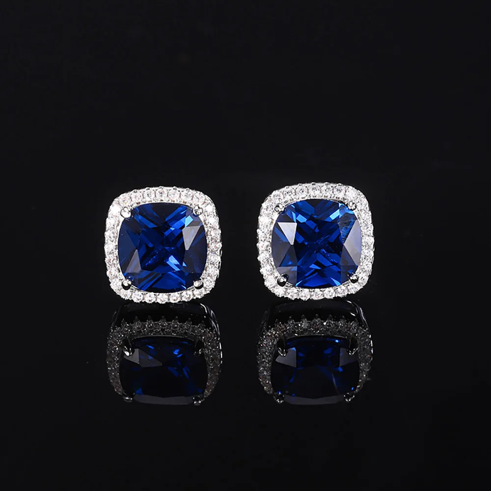 Vintage Square 8*8mm Sapphire Gemstone Necklace Pendant Ring Earrings Party Fine Jewelry Set for Women Accessories Birtyday Gift