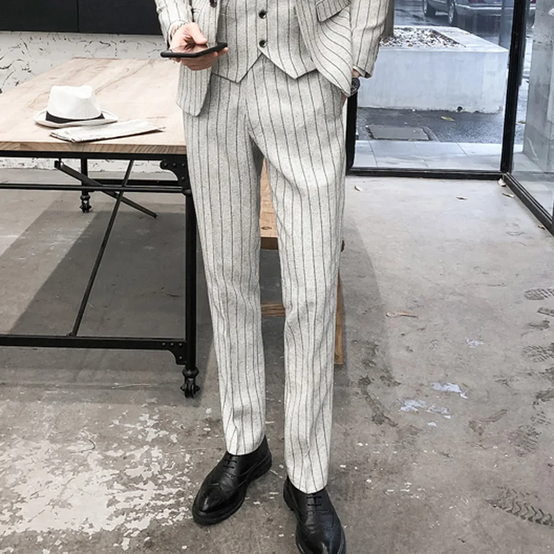 2025 남성용 뉴 버건디 네이비 체크 무늬 캐주얼 정장 바지, 베이지/블루 세로 스트라이프 비철 슬림 소형 다리 작업 바지 남성용