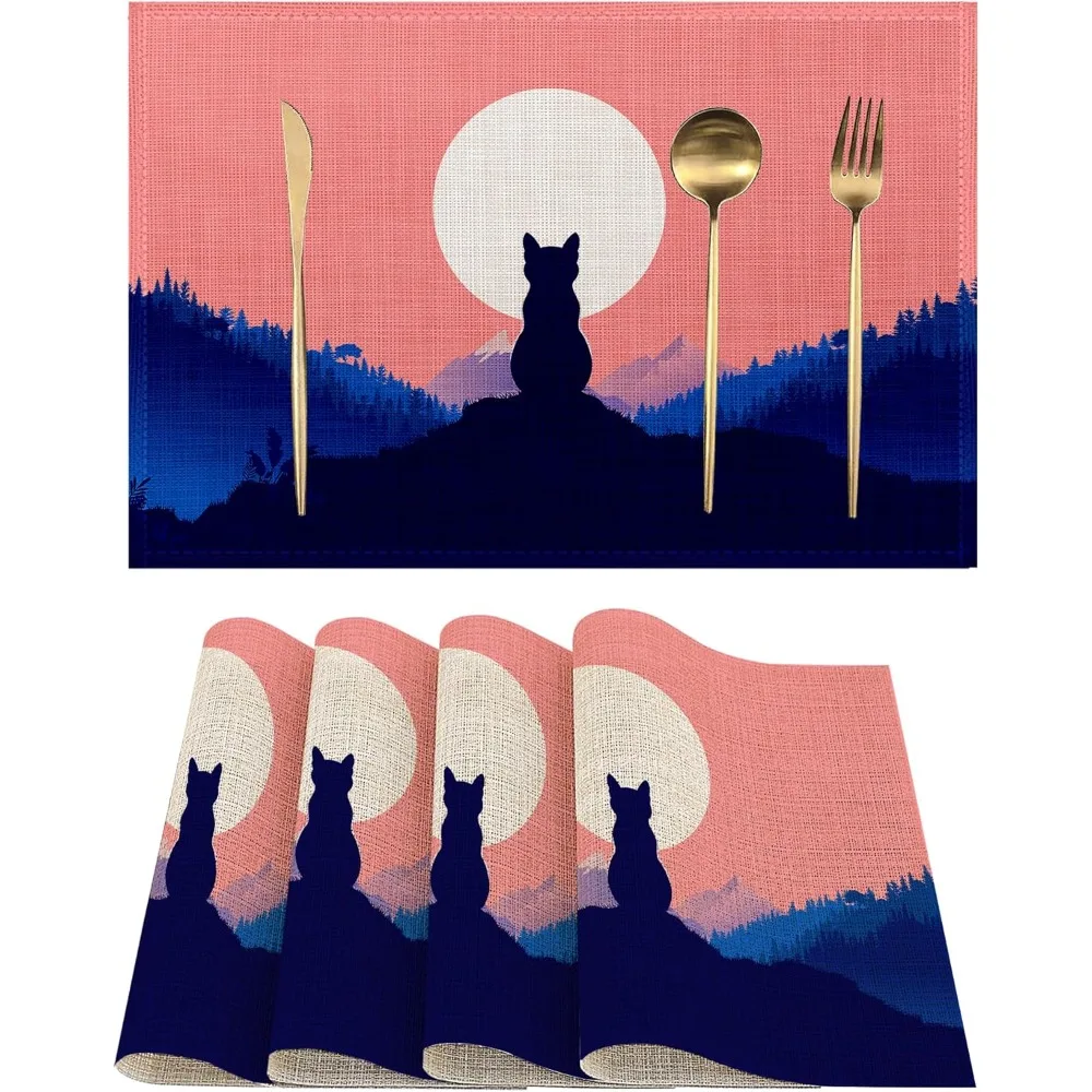 

Льняные коврики для стола-Calm Cat On Hilltop, набор из 4 нескользящих термостойких ковриков для стола для столовой, декора кухонной кабины