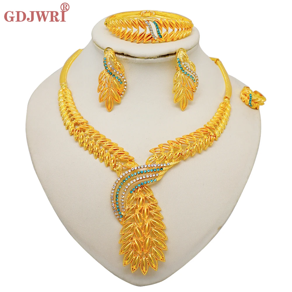 

Fashion Italian Dubai Gold Color Crystal Necklace Bracelet Earring Ring Sets Brazilian Eritrean African Wedding Party Jewelry