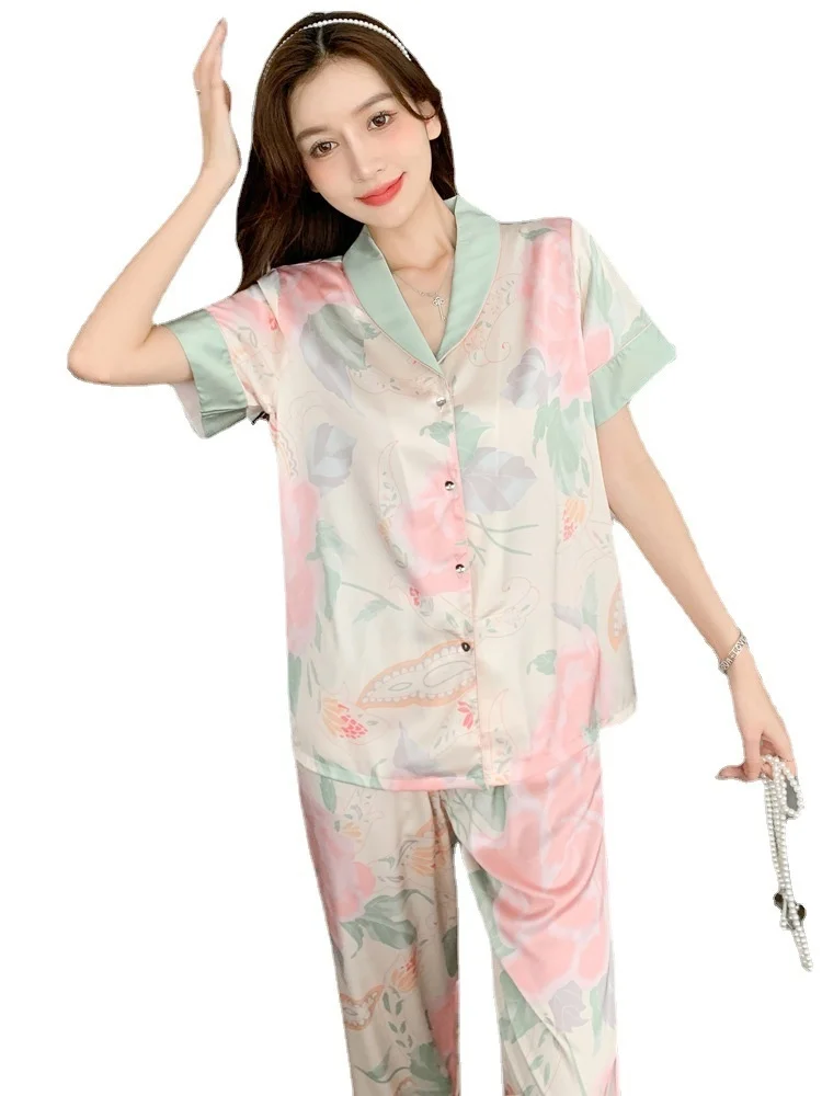 Spring New Ice Silk Pajamas Women\'s Short-sleeved Cardigan Satin Home Suit Sleepwear