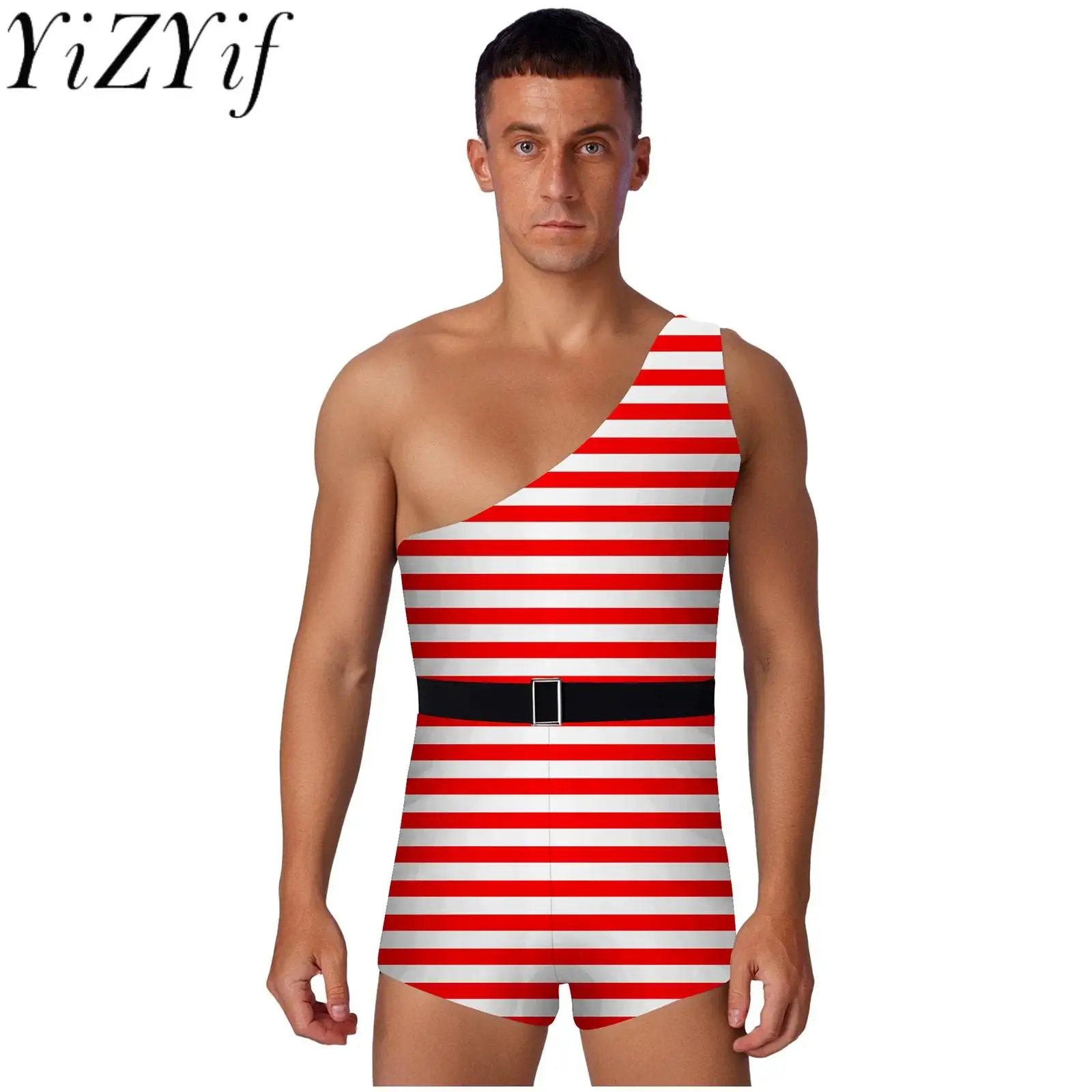 

Men's Striped One Shoulder Bodysuits with Waist Belt for Halloween Carnival Naughty Clown Circus Cosplay Performance Costumes