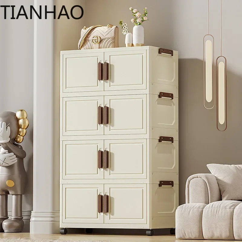 Korean Style Foldable Storage Cabinet Large Capacity Plastic Organizer Box with Wheels Stackable for Home