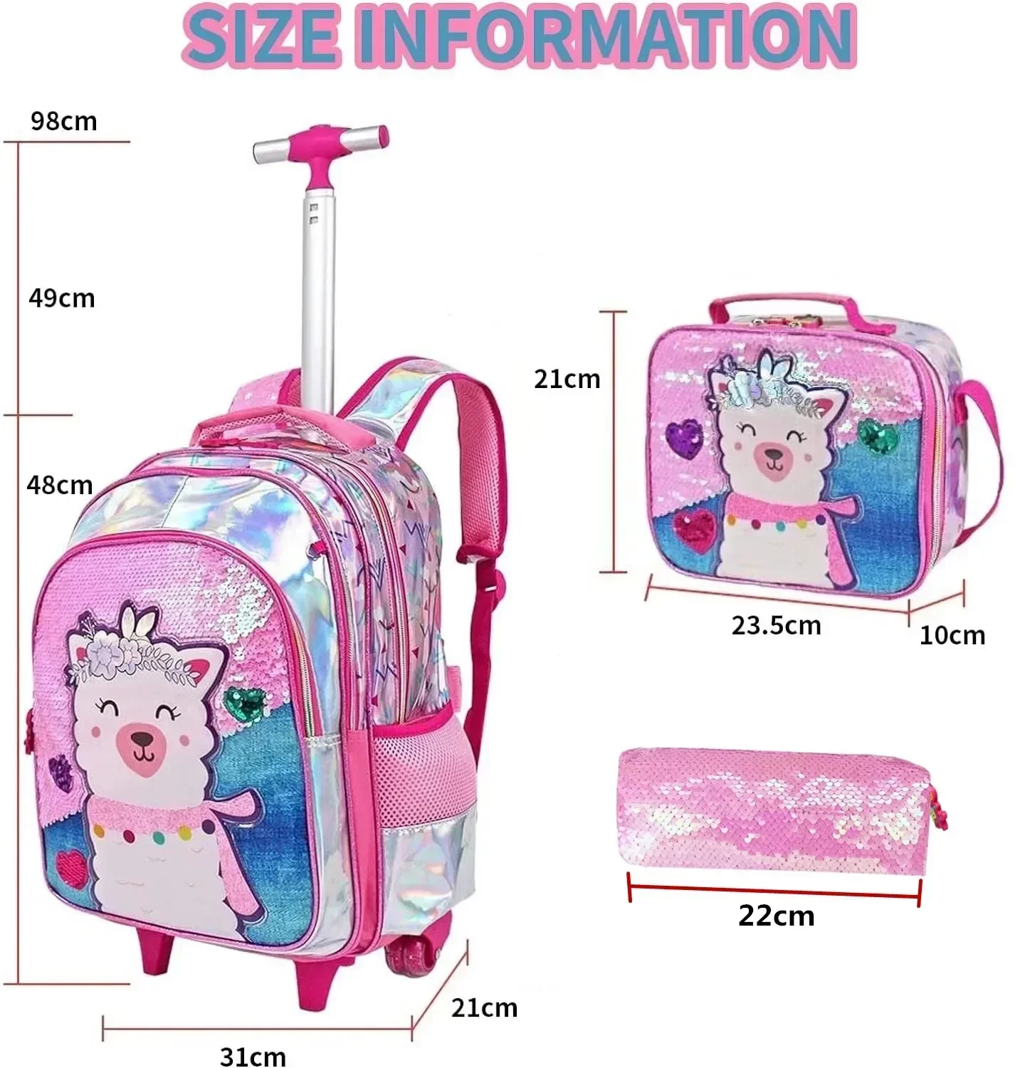 17 Inch Kids Backpacks for Girls Sequin School Bag with Lunch Box for Elementary Students Children\'s Backpack Girl Wheel