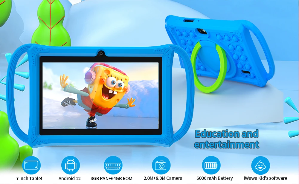 Kids Tablet 7.0 Inch Android 12 Quad Core 4GB RAM+64GB ROM 4500mAh Dual Camera WiFi Parental Control