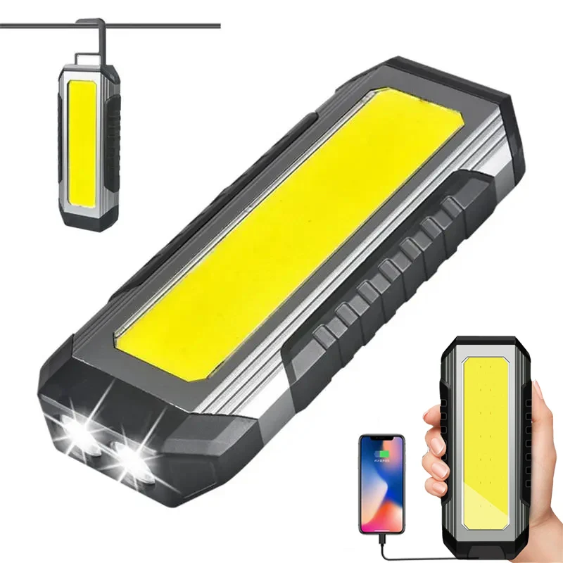 Luz de trabajo COB para acampar, linterna LED recargable por USB, Banco de energía 18650, lámpara portátil con imán, linterna impermeable de 4000mAh