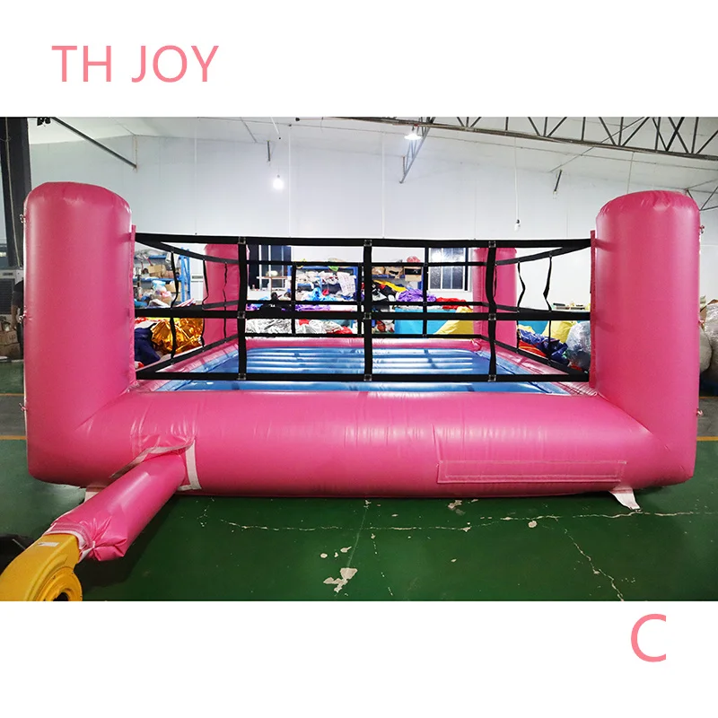 fast air ship to door, 4x4m 13x13ft pink Interactive Inflatable Wrestling Boxing Ring Game, inflatable joust games zone