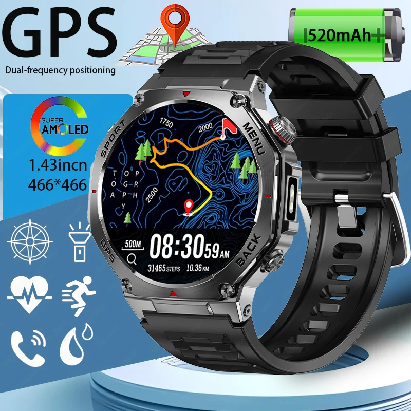 

Смарт-часы с GPS на открытом воздухе, 3 атм, водонепроницаемые, встроенные, двухдиапазонные, GNSS, компас, светодиодный фонарик, военные спортивные умные часы для мужчин, новинка 2023 года