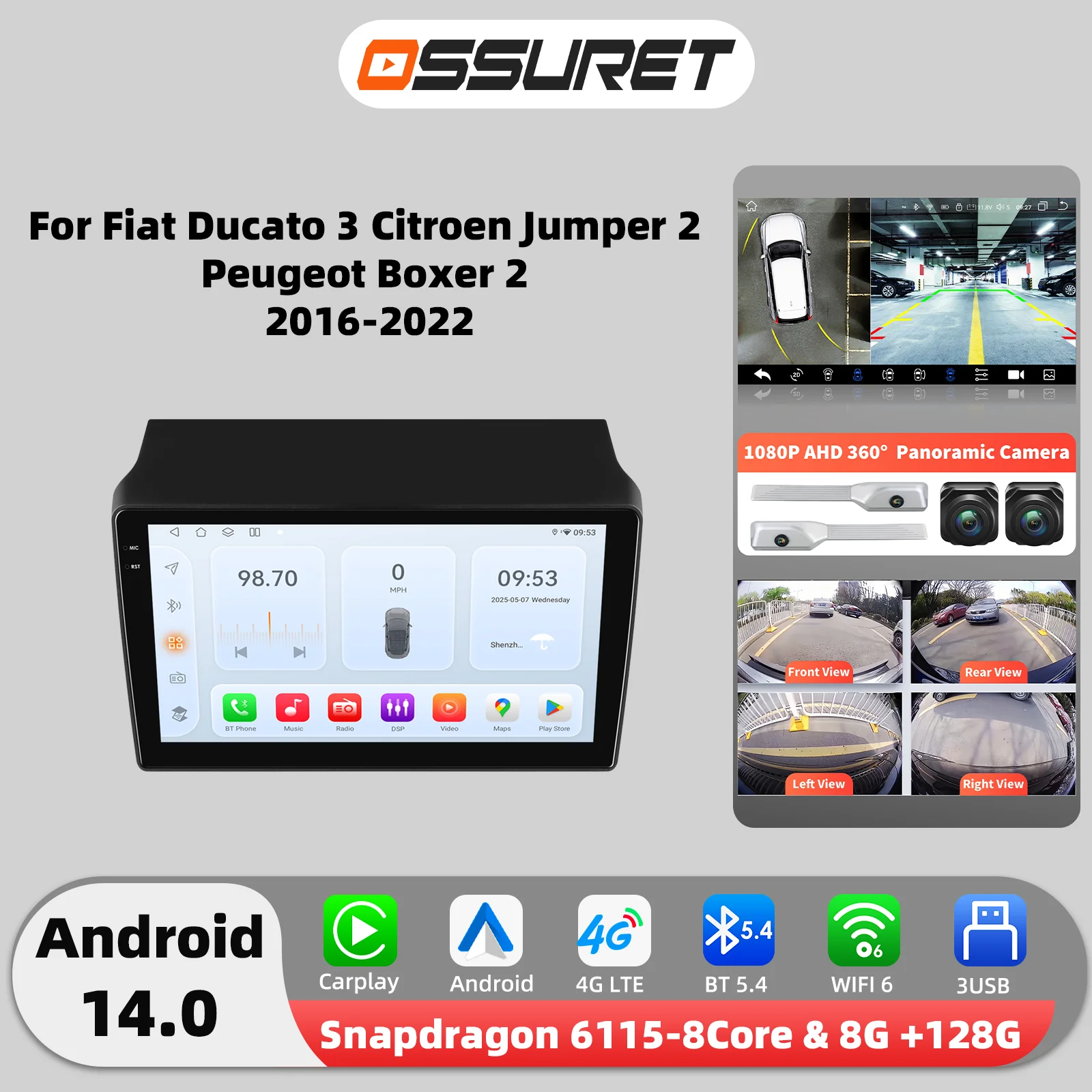 Autoradio Android 14 pour Fiat Ducato 3 citroën Jumper 2 Peugeot Boxer 2 2016-2022 lecteur multimédia 4G 8 cœurs Autoradio Carplay