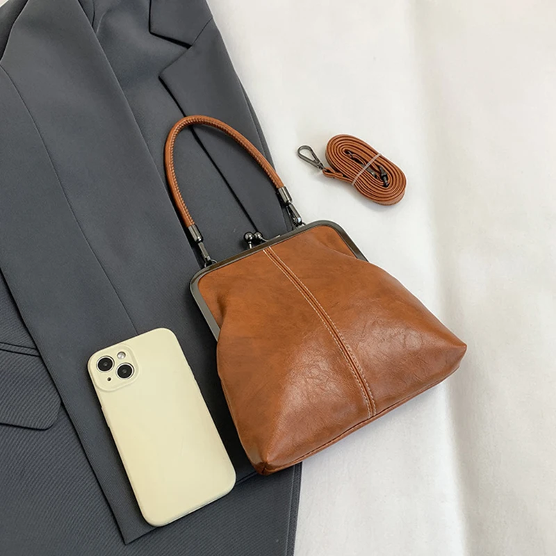 Elegante Clip Lock Umhängetasche Große Kapazität PU Leder Umhängetasche Einfarbig Retro frauen Kleine Handtasche – Detail 24