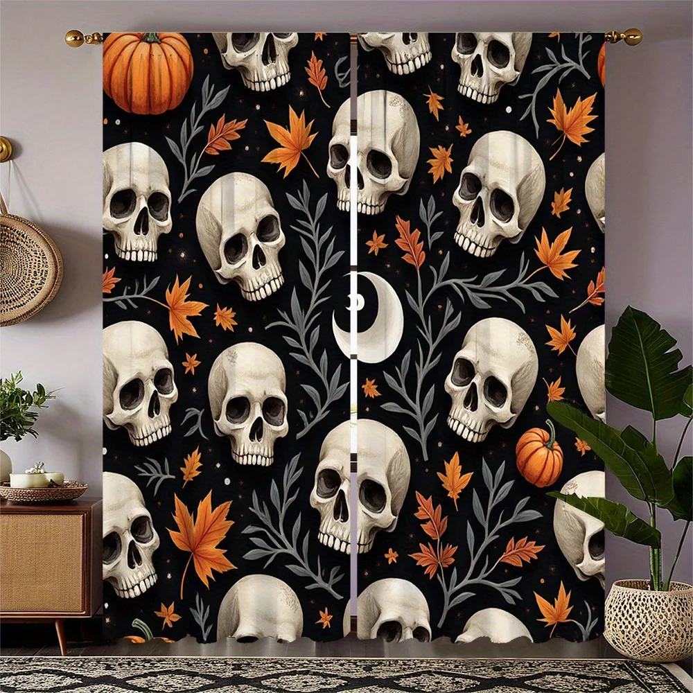 2pcs HD Digital Printed Black Background with Skull, Pumpkin, Maple Leaves, Crescent Moon and Branches Pattern Festive Atmospher