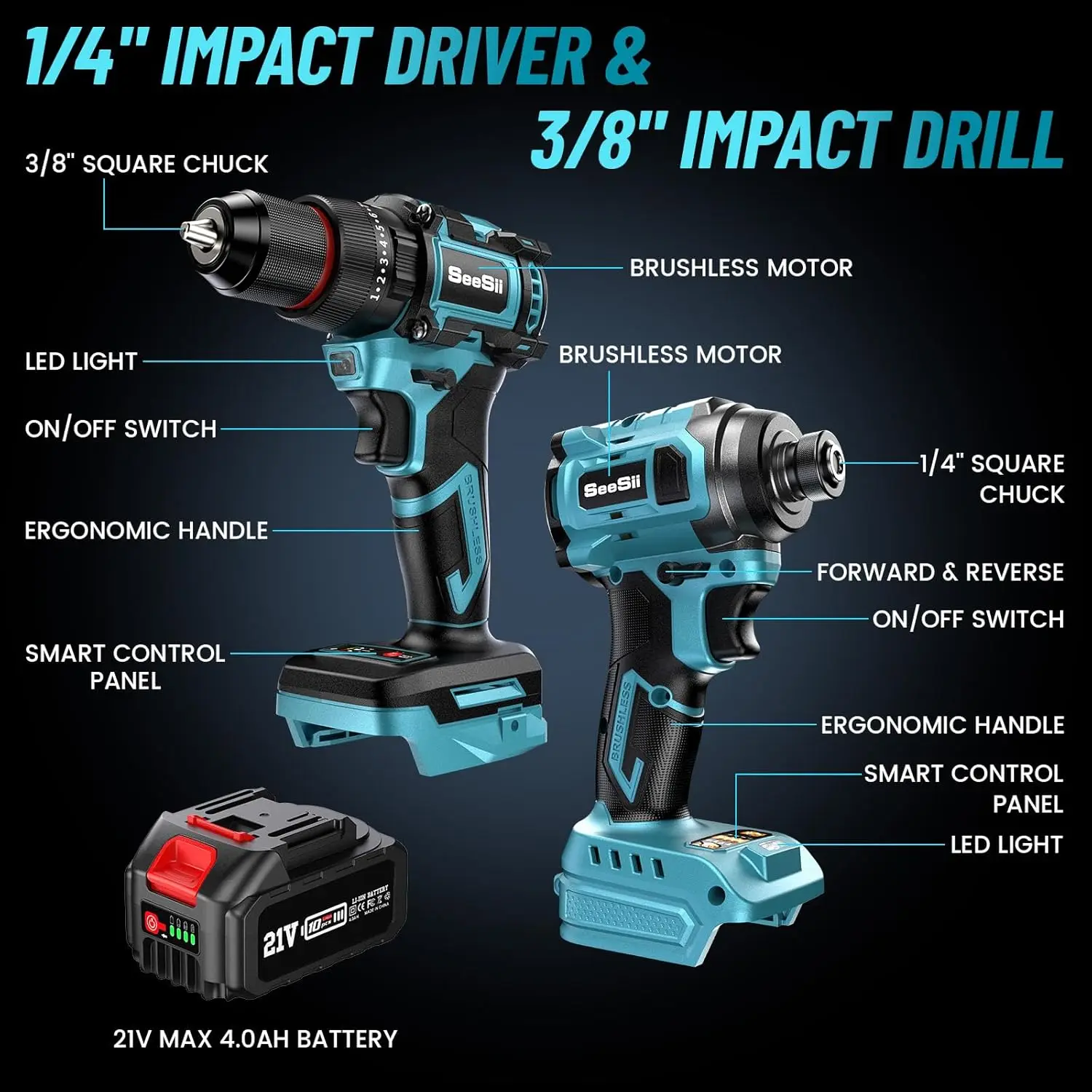 21V Max Cordless Drill and Impact Driver, Power Tool Combo Kit Included 3/8'' Drill & 1/4'' Impact Driver, 2x 4000mAh Battery, F