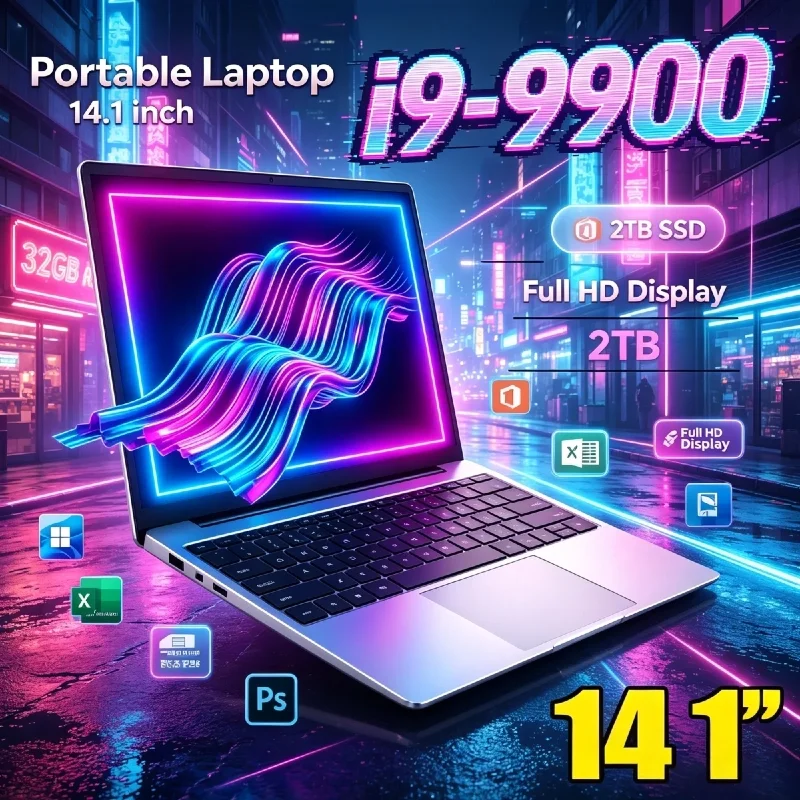 Intel i9 9900 14.1 Inch Slim Laptop 32GB RAM 2TB NVMe SSD WiFi6 BT5.2 FHD Gaming Design Notebook 2026 Pro Max