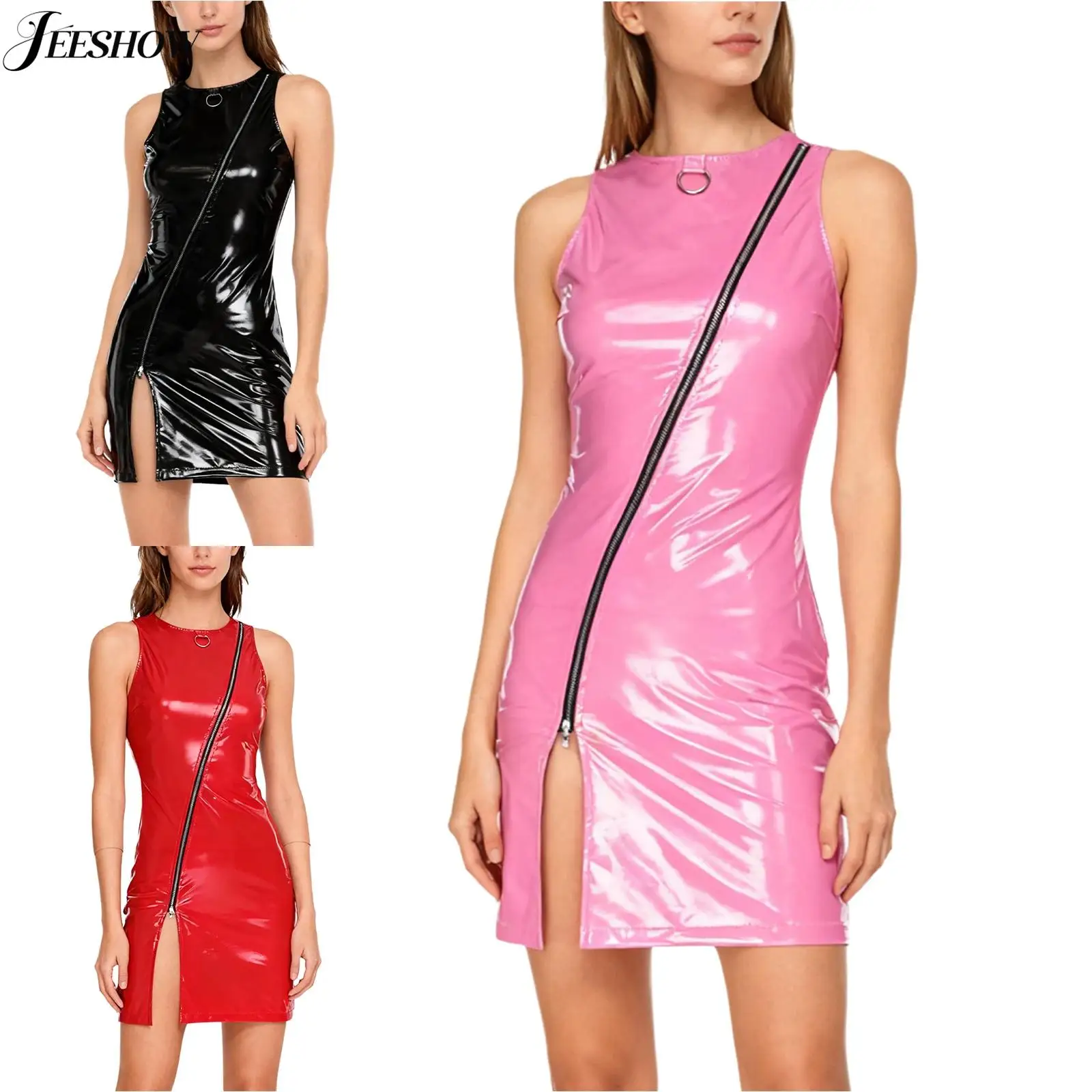 Mini abito da donna in pelle PU con cerniera inclinata sul davanti, girocollo, senza maniche, aderente, con orlo a fessura, abiti da cocktail da ballo rave