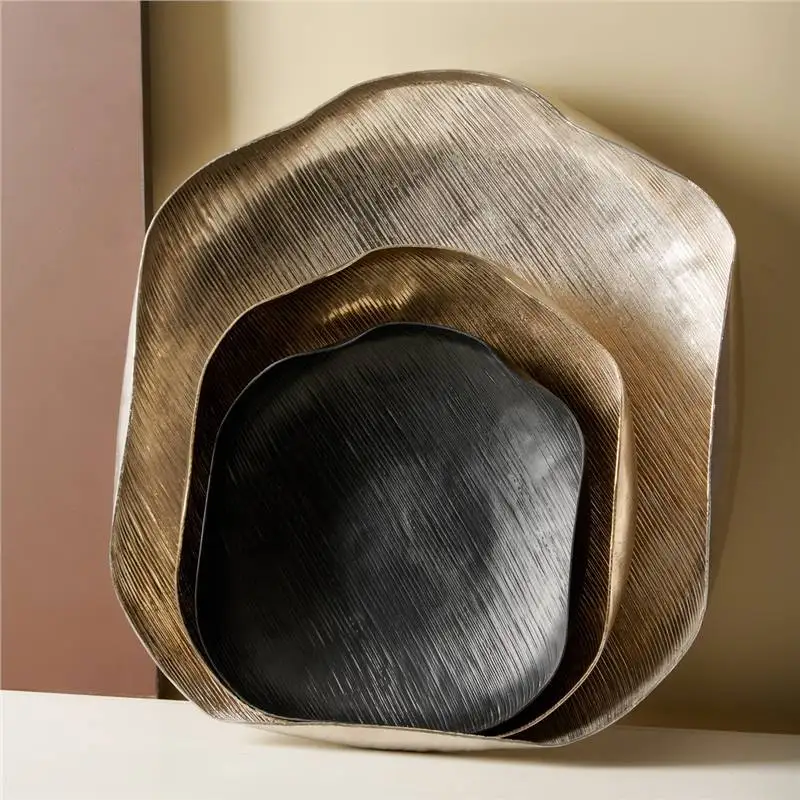

Modern simple irregular metal tray ornament model room living room desktop storage plate gold and silver black decorative bowl