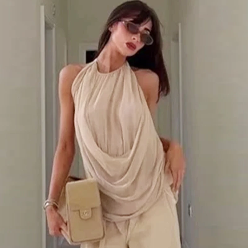 HXAO Asymmetrisches Rüschen-Neckholder-Top für Damen, Sommer 2026, sexy gepunktetes schulterfreies ärmelloses drapiertes rückenfreies Top, lässige Resort-Westen – Detail 9
