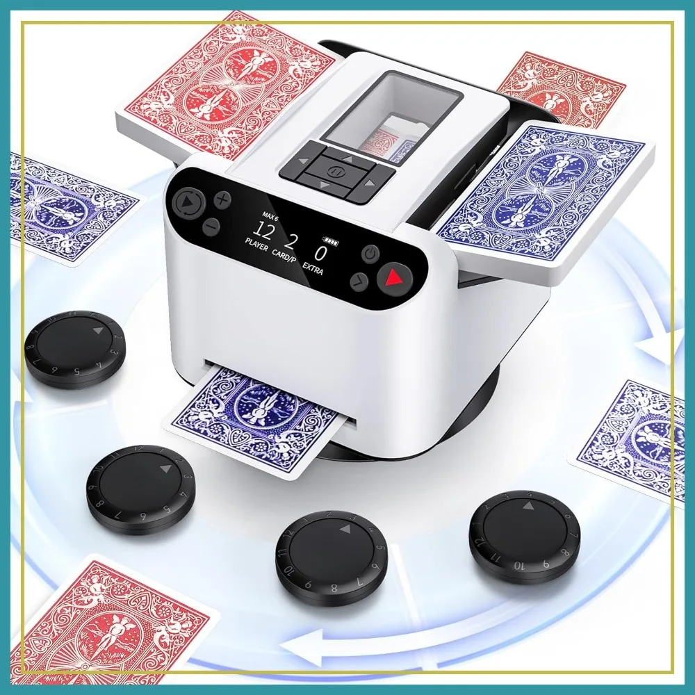 

2-in-1 Automatic Card Shuffler & Dealer, 360° Rotating for 12 Players, 4 Remotes, Rechargeable for Poker, UNO, Phase 10